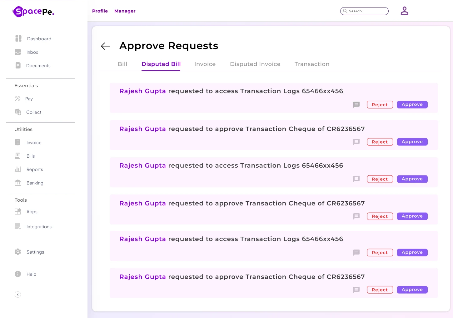 Approval queue screen from SpacePe Business Banking