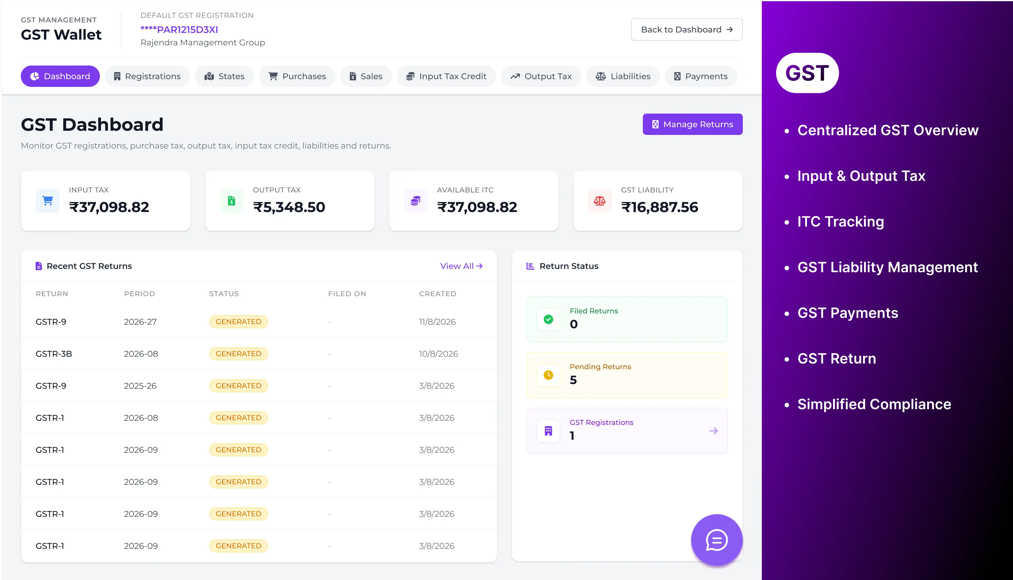 GST dashboard screen from SpacePe Business Banking