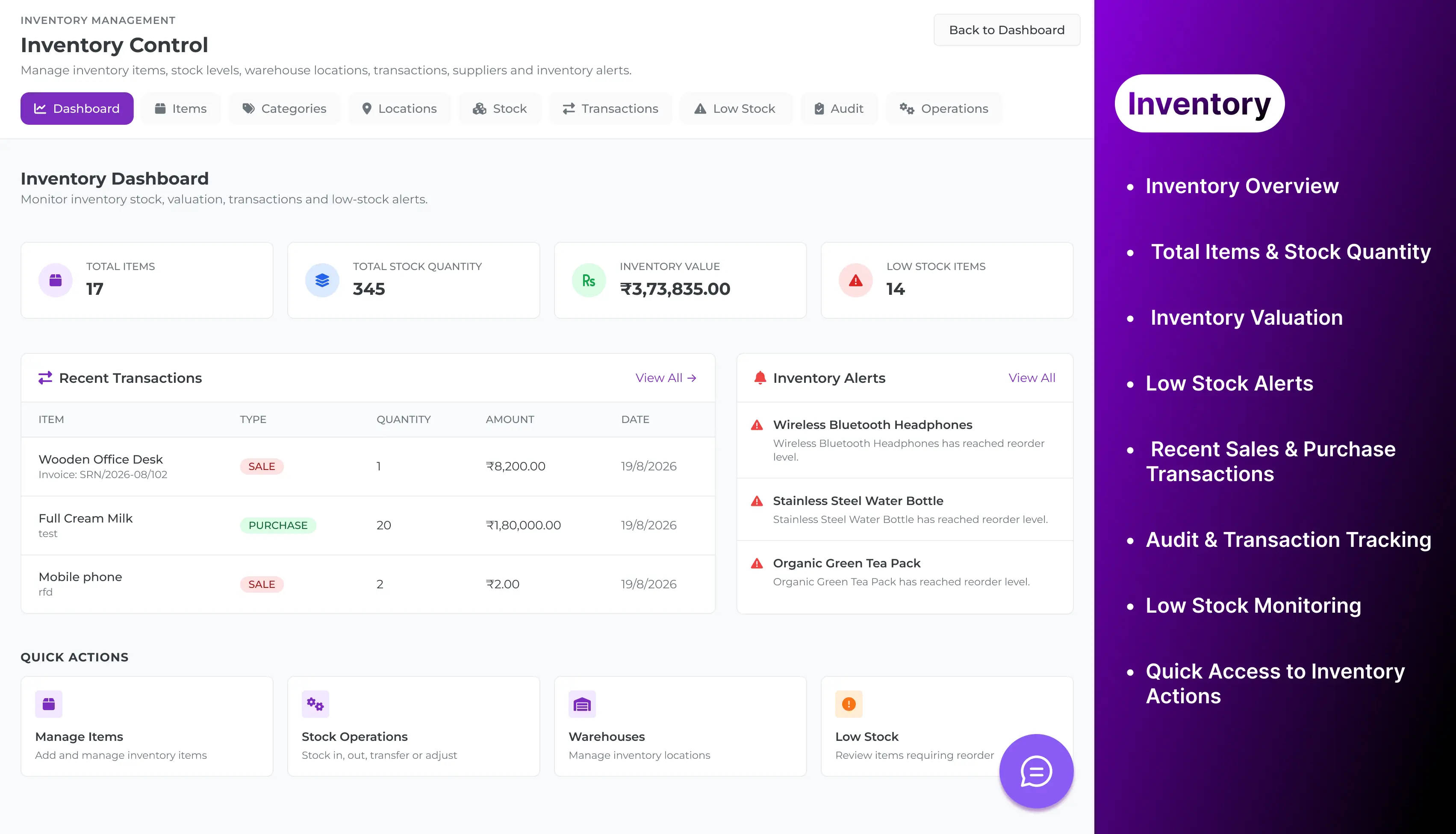 Inventory control screen from SpacePe Business Banking
