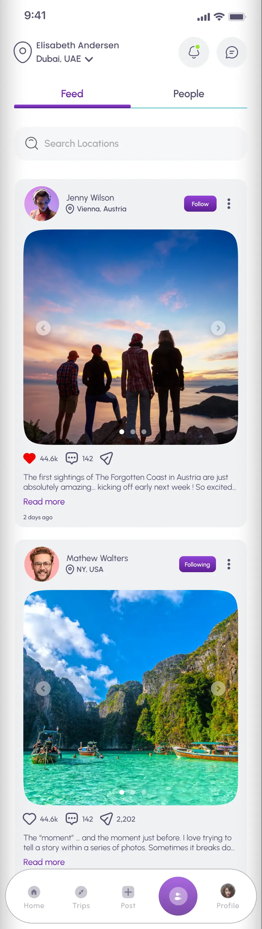 Community feed screen from Travls — Group Travel Platform