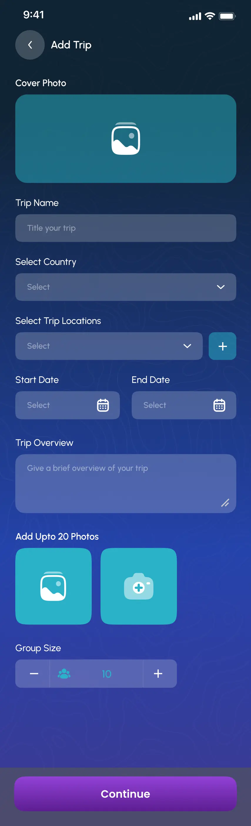 Host a trip screen from Travls — Group Travel Platform